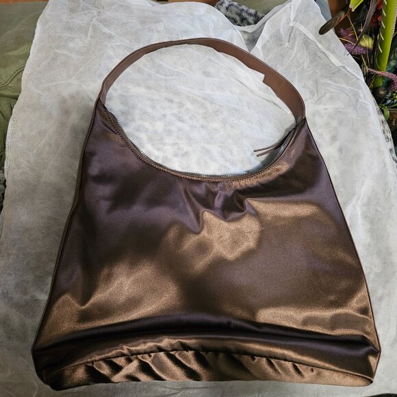 Hush | Gorgeous Satin Chocolate Brown Scoop Tote Bag - Like New! - Picture 3 of 15